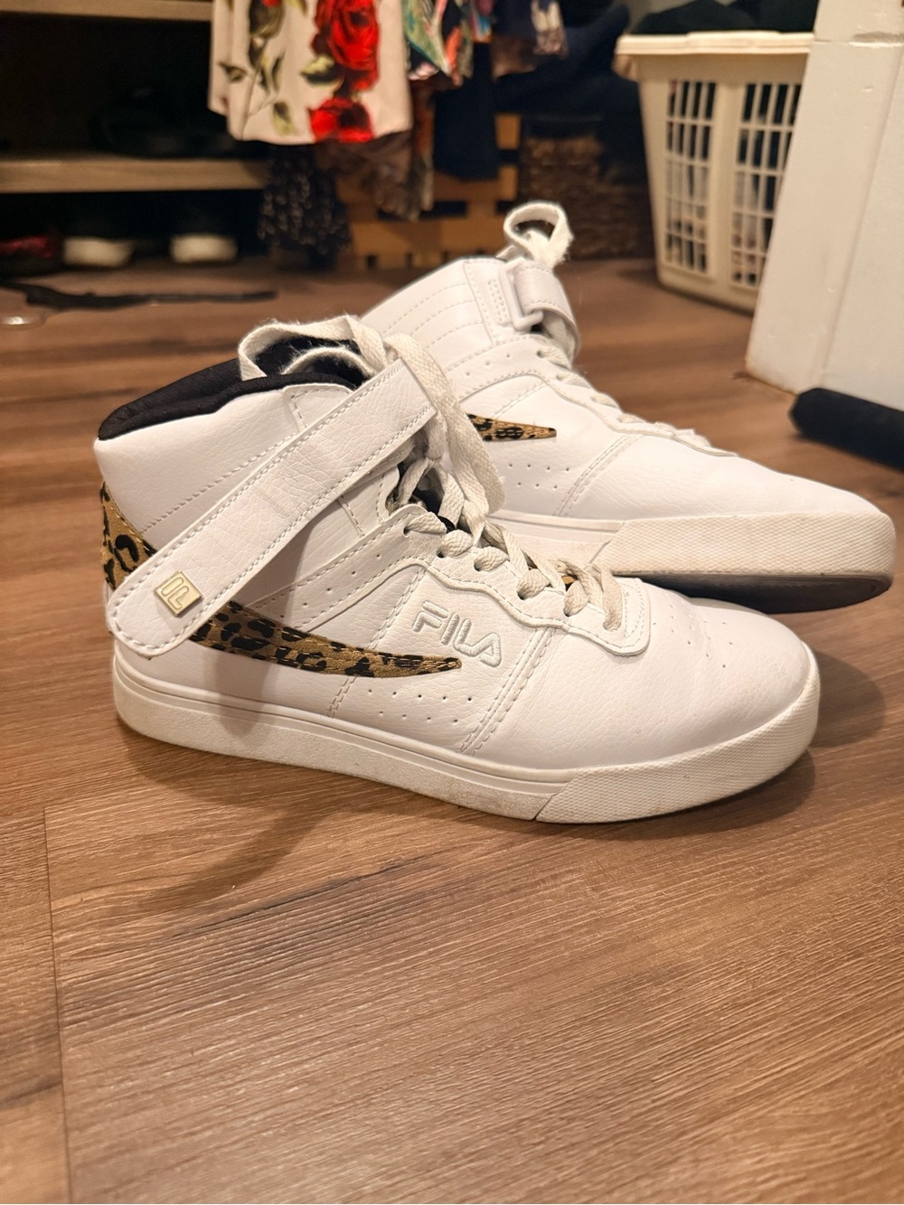 Fila Women’s White High-Top Sneakers with Leopard Accent